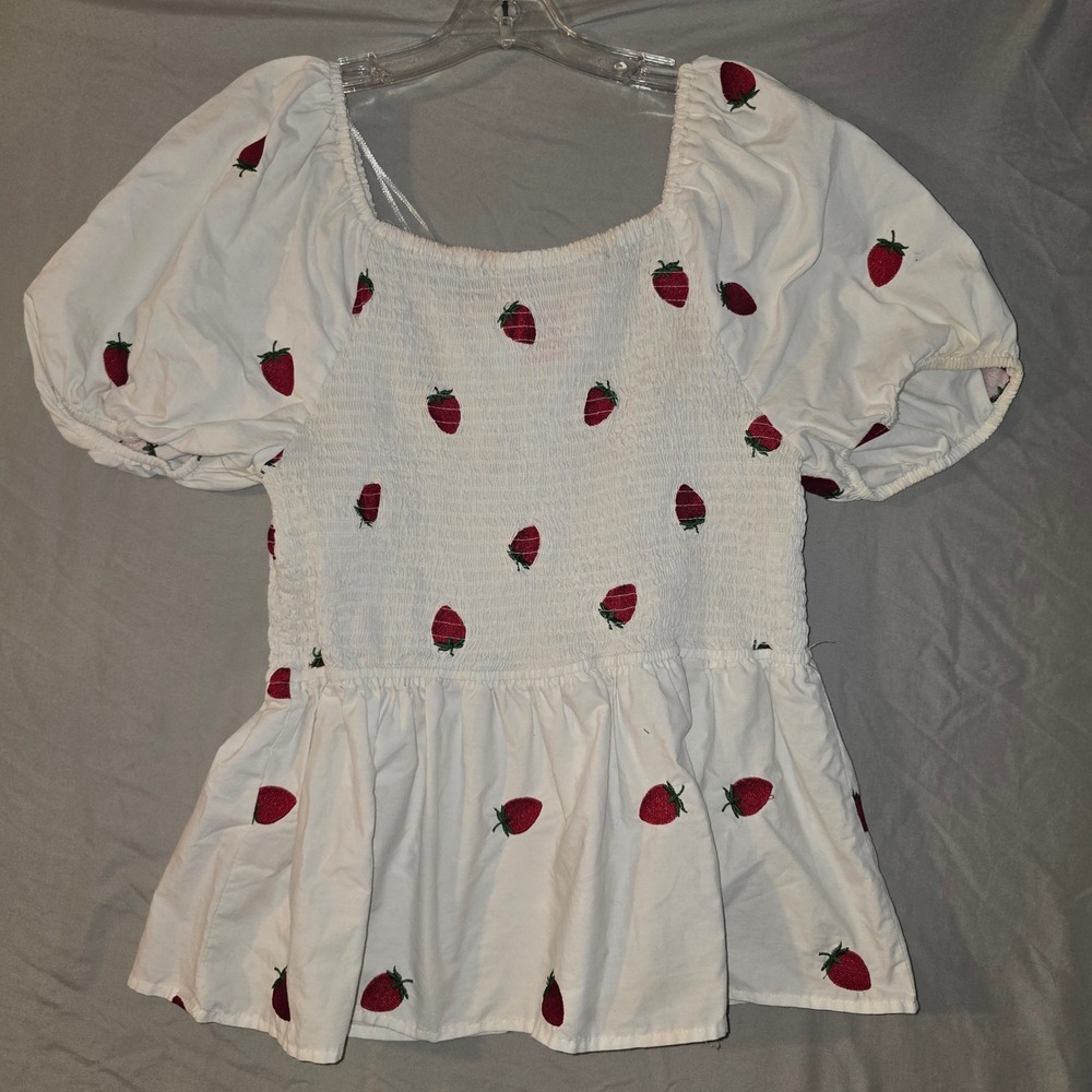 Coco & Shay Strawberry Peplum Top 2XL Womens White Smocked Puff Sleeve TJ0672P